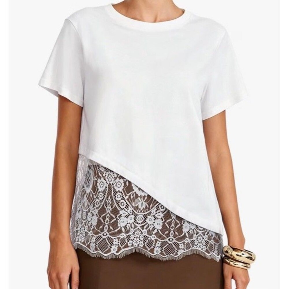 Womens Lace Hem Patchwork White Tee Size L Cotton Short Sleeve Soft T-shirt Top